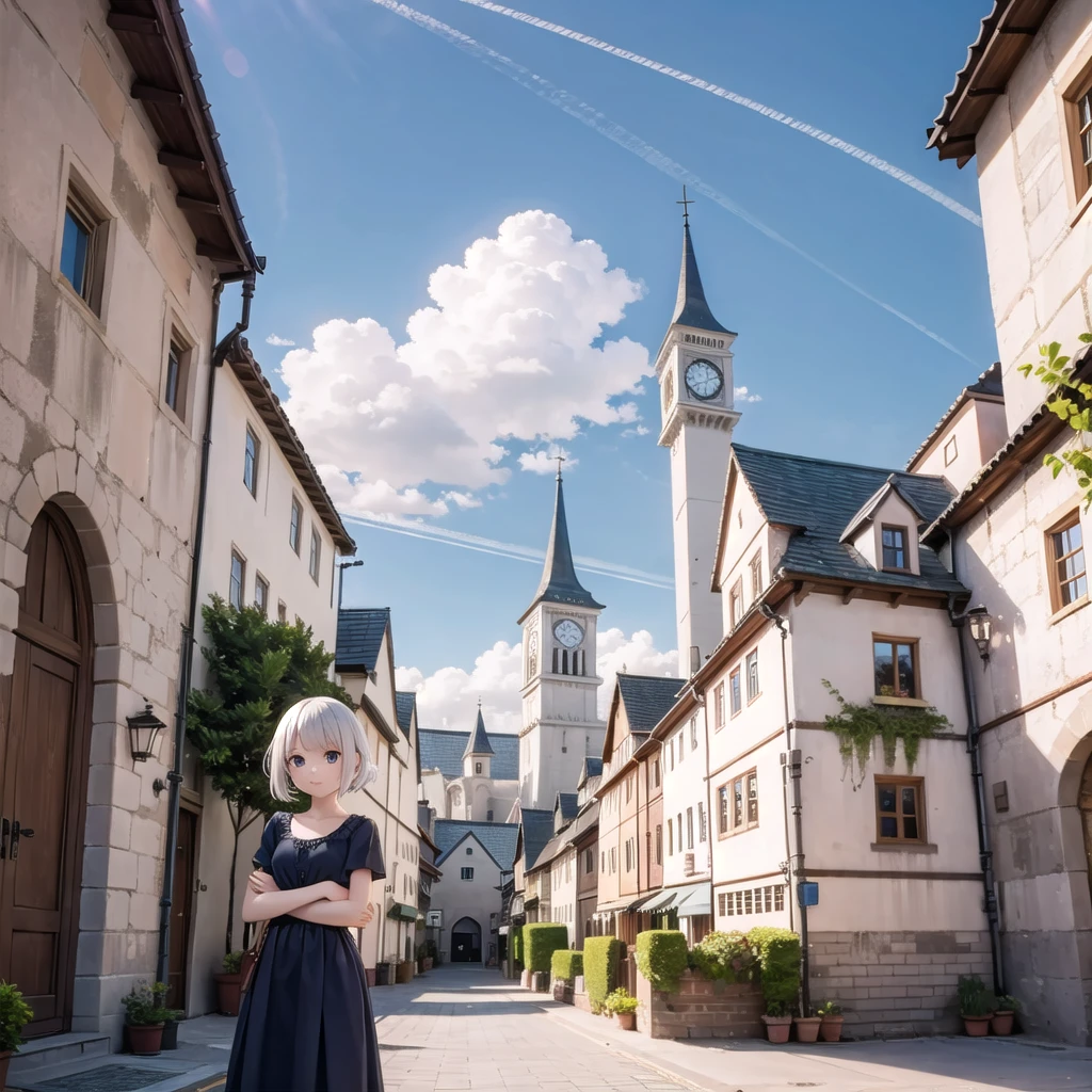 (masterpiece), town, blue sky, one person's, smile, alone, Sailor suit、Long skirt, petal, plant、Skirt lining、Translucent slip、nostalgic、Black Pantyhose