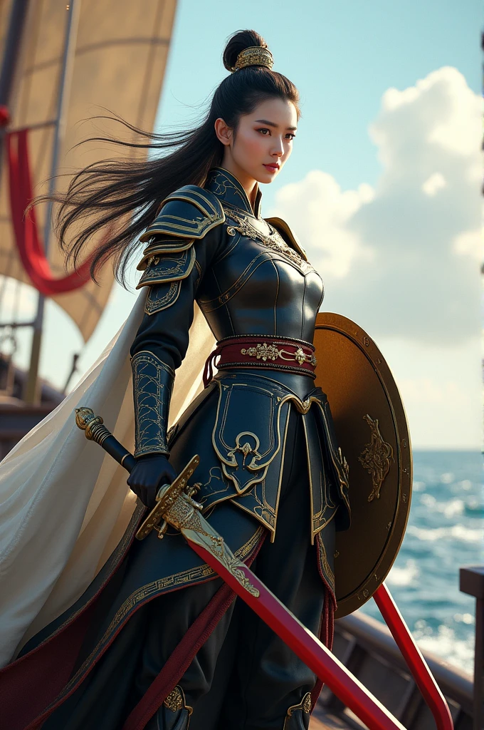 (masterpiece, best quality, beauty,best ratio, best illustation, best shafows) uhd,china female kungfu, korean beauty like tae yon, her face fully visible, shining red eyes, windblown hair, wear black mate general full body armor boots, white hoody, left hand holding gold emperor shield and redbsword, on china emperor war boat and sea seen. bright sky and cloud seen on far away.use the RenderMan renderer.digital art. High definition, high contrast,high color saturation,128k,cinematic lighting, intricate,cinematic advertising photograph,cinema lens,high res.