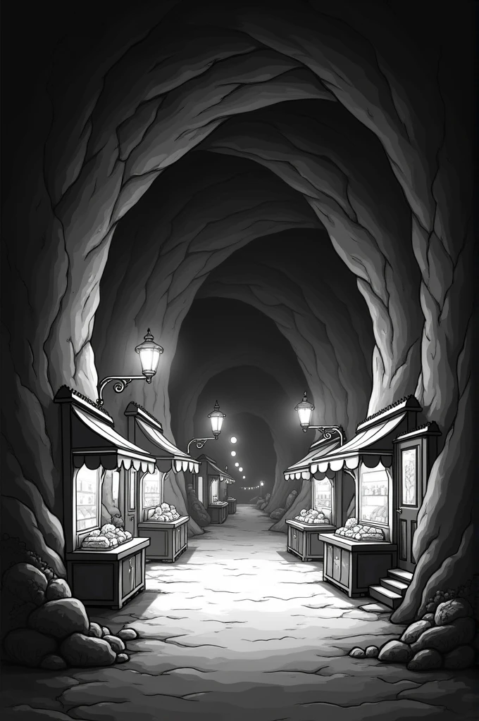 A black and white logo depicting the inside of a caue with two sides visible. On each side of the cave, there are small shops with stand streetlights illuminating them, creating a coey yet mysterious atmosphere. The perspective should be from within the caue looking out, with the caue walls curuing around the shops.The design should be clean and minimalistic, suitable for a logo.