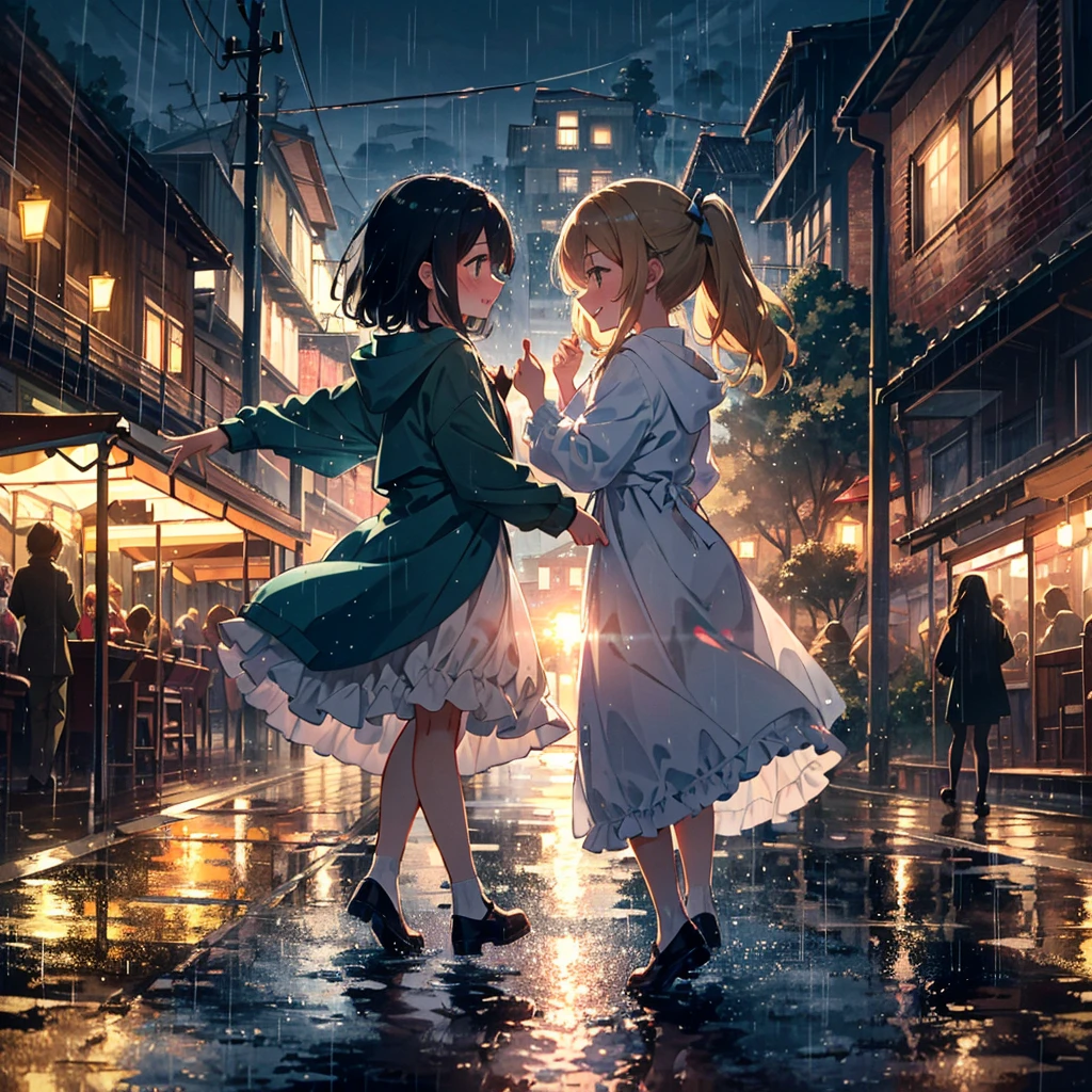 (2 girls), (loli, petite), smile, frilly raincoat, a lot of frills, dancing together in the rain like a waterfall. Two girls are dancing in the rain that pours down like a waterfall. Their movements are rhythmic to the sound of raindrops hitting the ground, and their expressions show joy and freedom. Around them, the scenery blurred by the rain spreads out, creating a moment filled with passion and romancer, the lights of the festival and the smiles of people spread out.