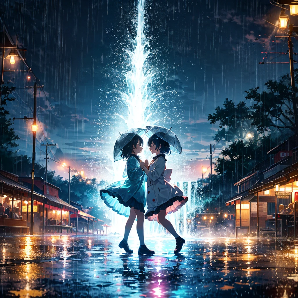(2 girls), (, peti, smile, frilly raincoat, a lot of frills, dancing together in the rain like a waterfall. Two girls are dancing in the rain that pours down like a waterfall. Their movements are rhythmic to the sound of raindrops hitting the ground, and their expressions show joy and freedom. Around them, the scenery blurred by the rain spreads out, creating a moment filled with passion and romancer, the lights of the festival and the smiles of people spread out.