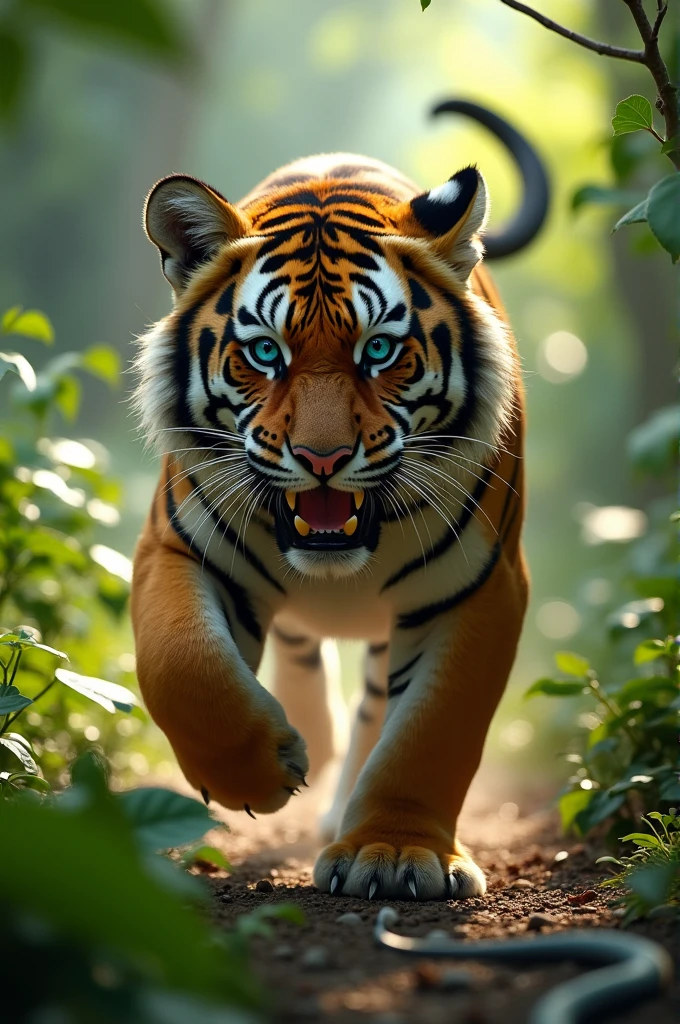 Young tiger, 1, horrible face, blue eyes, (running in jungle in day light), (snake in background) ,8k, RAW Photos, Highest quality, masterpiece,Highest quality
