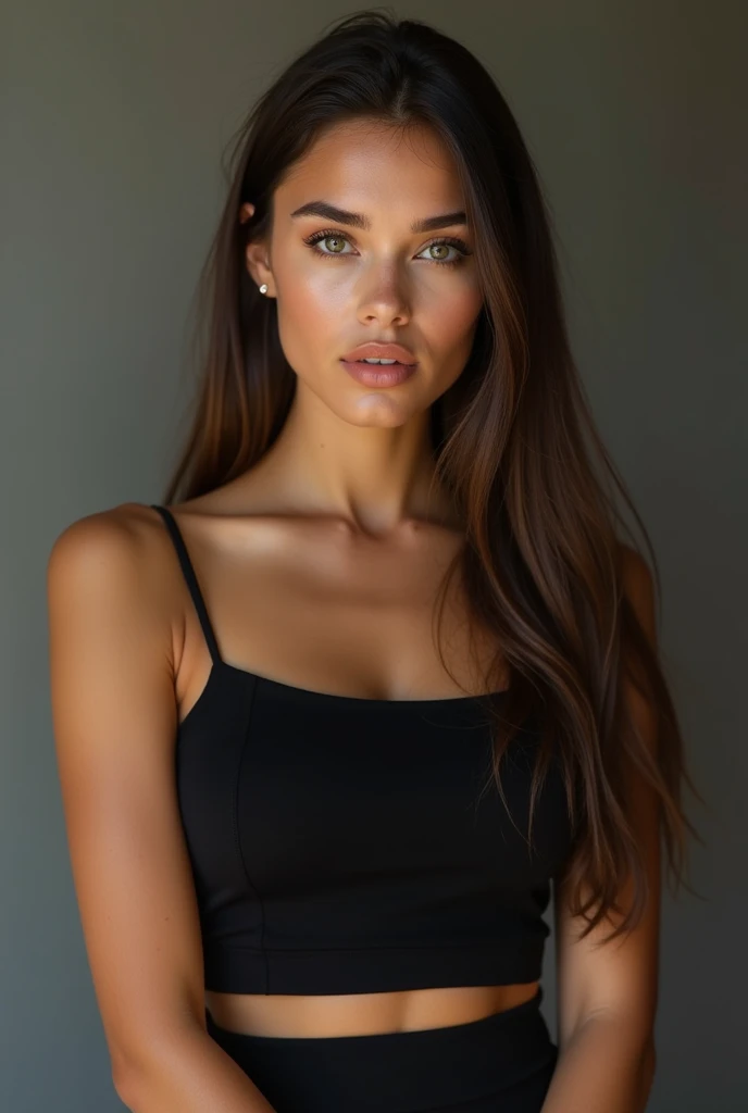 A very realistic and detailed photo of beautiful italian woman wearing black skirt and crop top, light makeup, realistic long straight sleek brown hair, high quality photo 4k, very detailed, perfect fit, looking at the camera, detailed realistic face, detailed eyes,