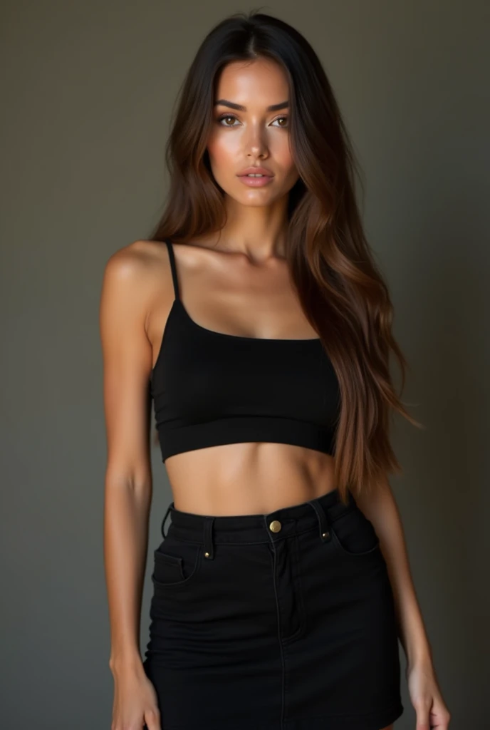 A very realistic and detailed photo of beautiful italian woman wearing black skirt and crop top, light makeup, realistic long straight sleek brown hair, high quality photo 4k, very detailed, perfect fit, looking at the camera, detailed realistic face, detailed eyes,