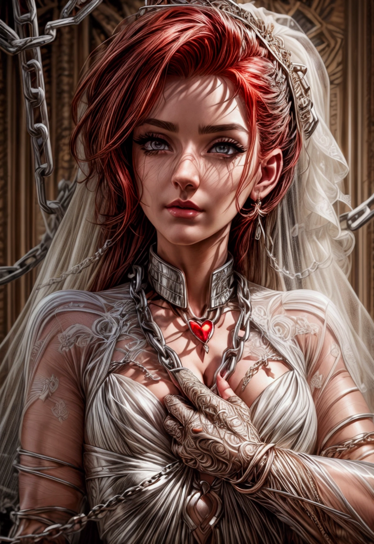 oil painting anime comic art, Julie Bell art of a groom held by ((radiant chains: 1.2)), in his wedding day and his bride, a handsome groom, wearing suit and tie, BREAK AND a beautiful, sexy bride, busty bride, wearing white lace wedding dress, the chain holds the groom, with chains, the chain forms the shape of red glowing heart, cinematic light, High Detail, Ultra High Quality, High Resolution, 16K Resolution, Ultra HD Pictures, Ultra Realistic, Clear Details, Realistic Detail, Ultra High Definition, rpg portrait, chain leash, Comistyle