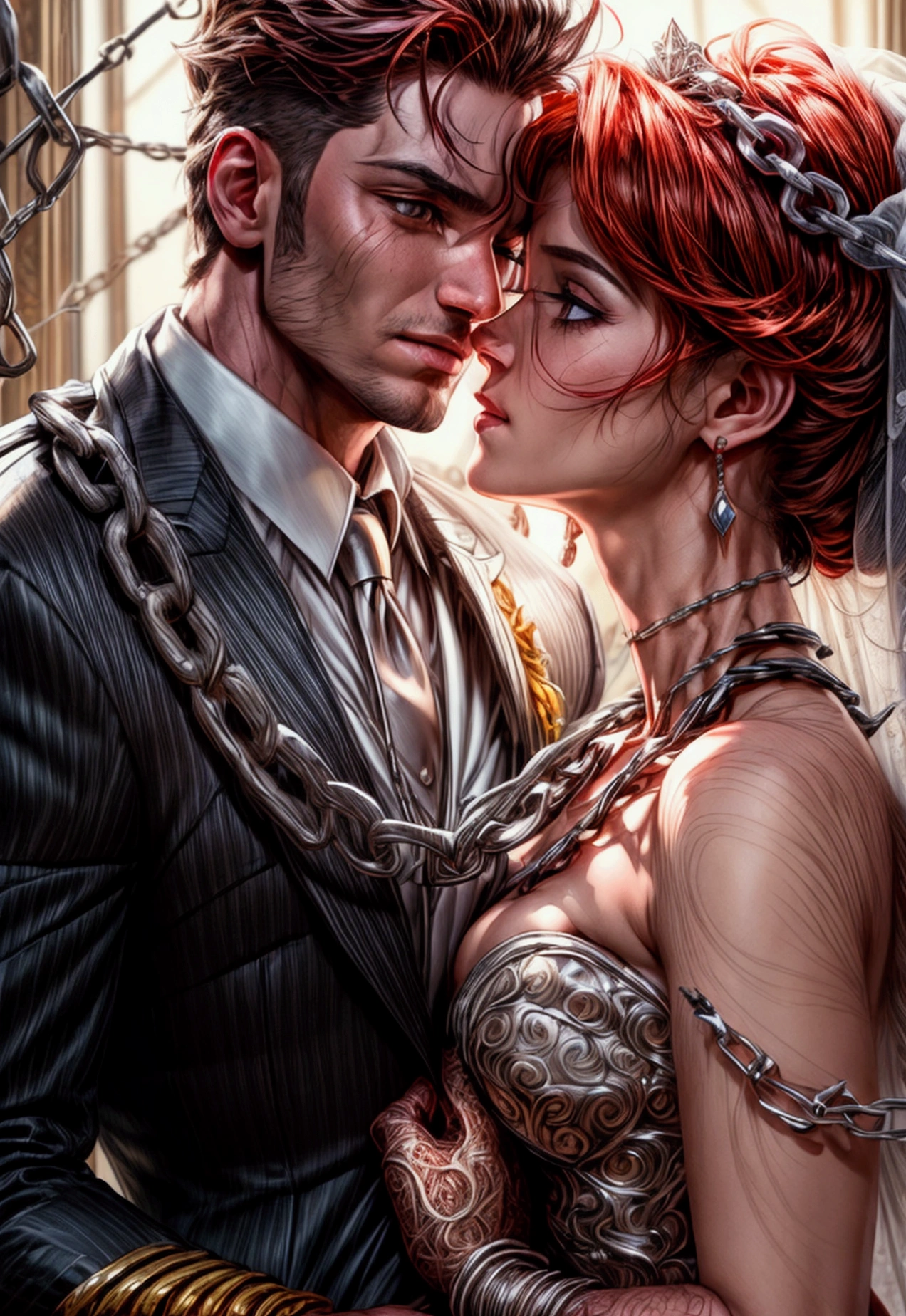 a comic art, Julie Bell art of a groom held by ((radiant chains: 1.2)), in his wedding day and his bride, a handsome groom, wearing suit and tie, BREAK AND a beautiful, sexy bride, busty bride, wearing white lace wedding dress, the chain holds the groom, with chains, the chain forms the shape of red glowing heart, cinematic light, High Detail, Ultra High Quality, High Resolution, 16K Resolution, Ultra HD Pictures, Ultra Realistic, Clear Details, Realistic Detail, Ultra High Definition, rpg portrait, chain leash, Comistyle