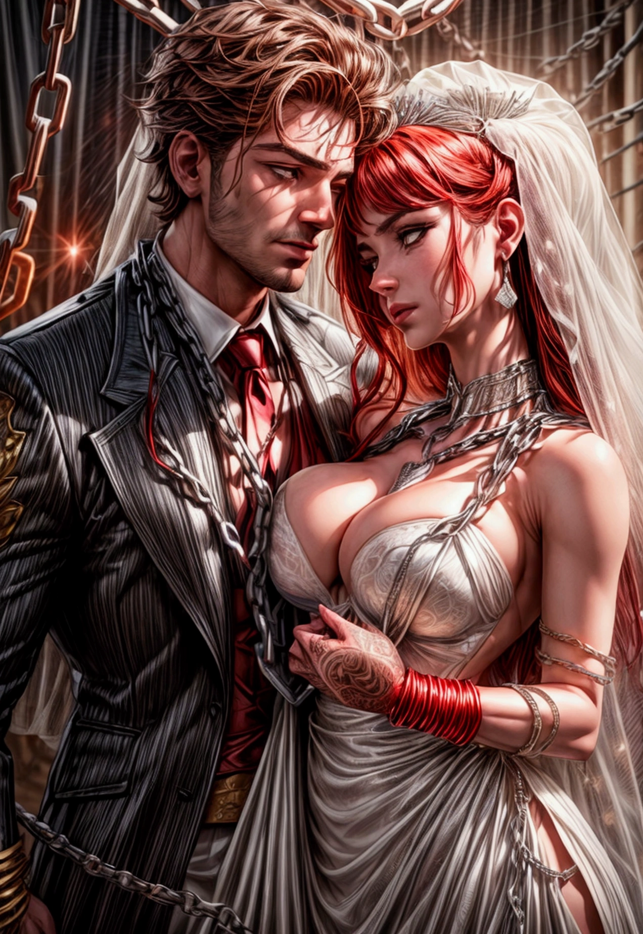 a comic art, Julie Bell art of a groom held by ((radiant chains: 1.2)), in his wedding day and his bride, a handsome groom, wearing suit and tie, BREAK AND a beautiful, sexy bride, busty bride, wearing white lace wedding dress, the chain holds the groom, with chains, the chain forms the shape of red glowing heart, cinematic light, High Detail, Ultra High Quality, High Resolution, 16K Resolution, Ultra HD Pictures, Ultra Realistic, Clear Details, Realistic Detail, Ultra High Definition, rpg portrait, chain leash, Comistyle