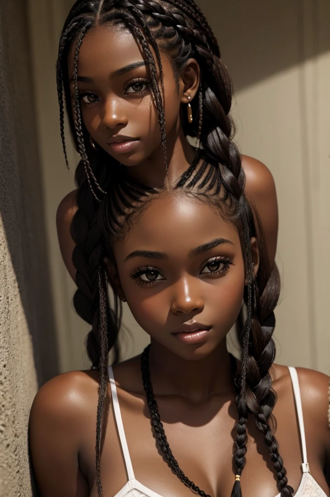 cute hair, chocolate skin, teenager, beautiful face, deep ebony, showing big breasts, SFW, upper body braided beauty