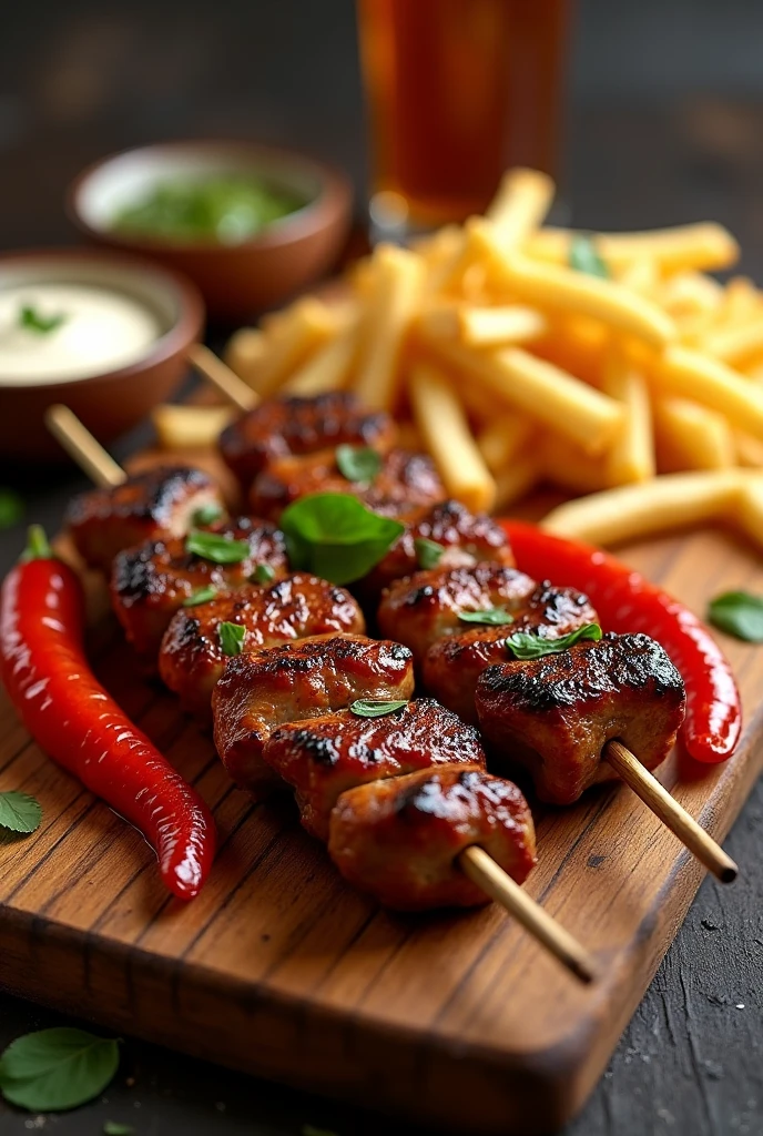 Brochettes de viande réaliste avec du piment sur le côté, de la mayonnaise et un peut de frites