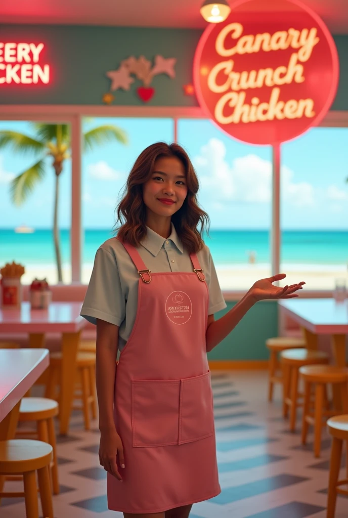 A highly realistic photograph of a young woman standing confidently in front of a vibrant, retro-themed fried chicken restaurant called 'Chicken Crunchers'. The woman, in her early twenties, has bright, expressive eyes and a warm, inviting smile without showing her teeth. Her shoulder-length hair is styled in loose waves, and she wears a clean, well-fitted uniform consisting of a branded apron over a simple, casual shirt, matching the pastel colors and neon lights of the restaurant’s interior. The photo is captured using a Canon EOS R5 camera with a 50mm f/1.2L lens, providing a crisp focus on the subject while softly blurring the colorful background. The restaurant interior features bold, pastel colors of pink, teal, and yellow, with a stylish mix of geometric patterns on the floor. Large windows showcase a breathtaking beach view with palm trees and a clear blue sky, adding to the tropical Miami Vice vibe. Neon signs with phrases like 'Tenerife' and 'Canary Crunch Chicken' glow softly, enhancing the retro aesthetic. The young woman is gesturing with an open hand, as if warmly inviting you to come inside and enjoy a meal, perfectly fitting into the energetic and inviting atmosphere of the restaurant.