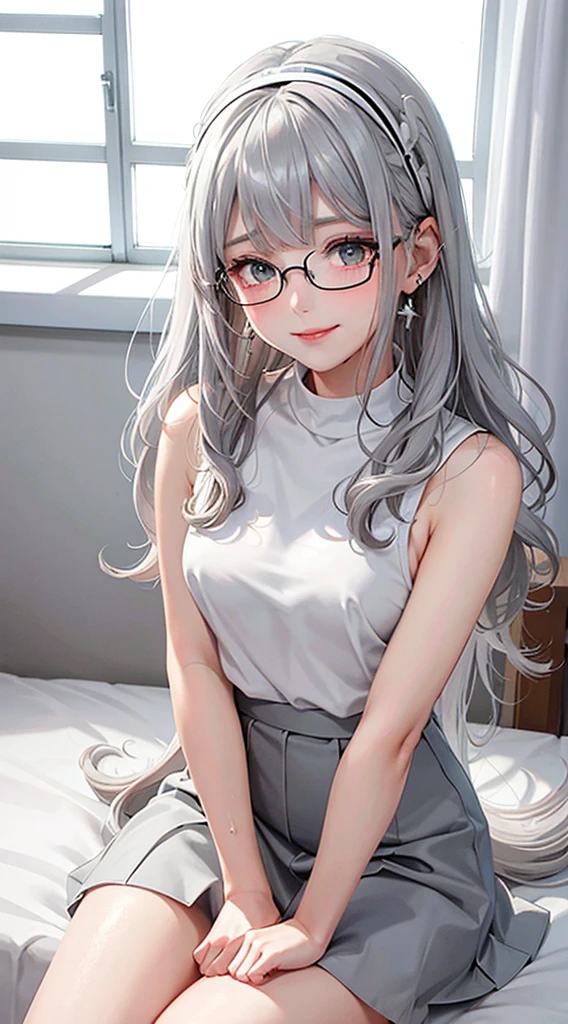 1Girl, Solo, Anime, Ideal body, (Small breast:1.1), (Hard nipples:1.1). Beautiful, Gorgeous, Fresh, Blunt Bangs, (White Grey Hair:1.5),(Straight and Wavy Long Hair:1.3), casual, eyeglasses, skirt, Comfort, cotton Texture. (Sit on bed:1.3). Earrings, Thin Black Headband, Green Accessories, Environmental Details, Bed Room, Natural Light, Modern Bed, Chair, Window, White Curtain, City View. pov, anime style, UHD, retina, masterpiece, accurate, anatomically correct, textured skin. High Resolution, Looking at the viewer, Blush, Best Quality, Award Winning, Accurate, Embarrassed, seductive smile, sweating, Naughty Face, Naughty, Gradient Eye Color, Sexy Pose. Cowboy Shot, licking lips, high class. 