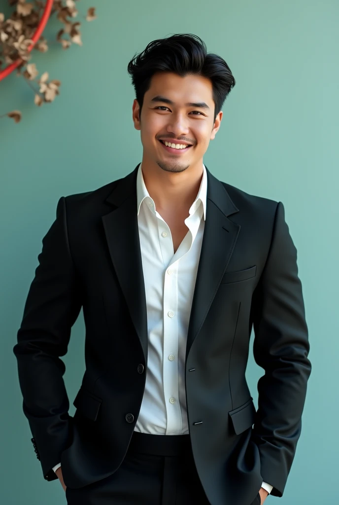A young Man With Dark hair and a confident smile He is Dressed in a black blazer over a white shirt The man is positioned against aqua colour backdrop with a subtle red l