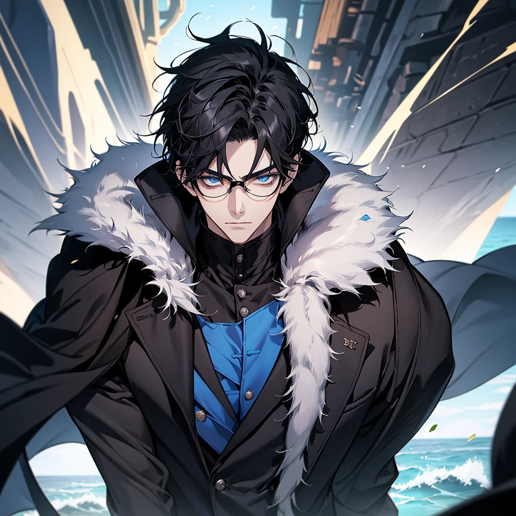 Masterpiece, High quality, Portrait, anime style, Sole seller,3 young man, หน้าตาhandsome, glowing eyes, Tall anime guy with blue eyes., black short hair, ((blue eyes)),Wearing silver-rimmed glasses, ((short black hair)), [Thick eyebrows], ((black long coat)), ((all black)), (blue eyes) , handsome , Facial expressions, black knight armor , black fur shawl(Masterpiece,best quality,special, (Broad shoulders)) (muscle),The background is the sea.,Adventure Cruise