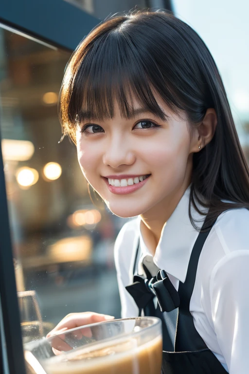 (8k, RAW photo, best quality, masterpiece), (photorealistic), outstanding details, ultra-high resolution, anatomically correct, textured skin, (Extremely precise and accurate anatomy),
Ultra Detailed Face, Detailed Eyes, 

 1 Girl, barista uniform, forehead, pulled back hair, 
(Cute Japanese girl , 20-year-old), light smile,
cinematic lighting in the hair, hair light, wind in the hair,
(open cafe), 

(backlighting), 
(reflection light from below:1.4), 
atmospheric perspective, depth of field, 
(dramatic lighting), cinematic lighting, 
