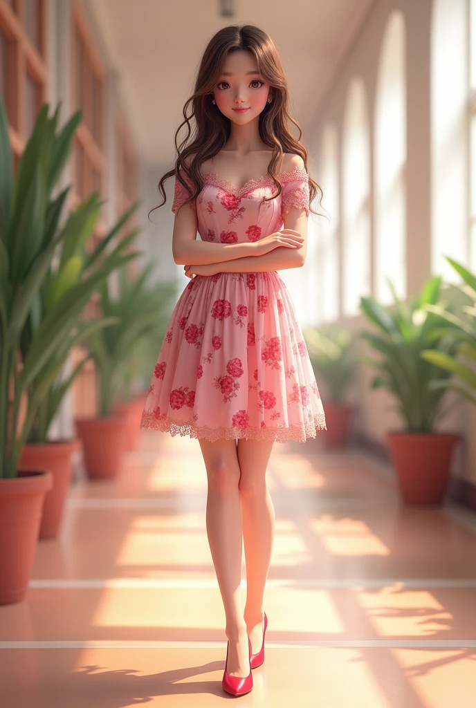 Lace,Pink floral dress,School Belle,Short skirt,whole body,High heel,Smile,student,Affectionate