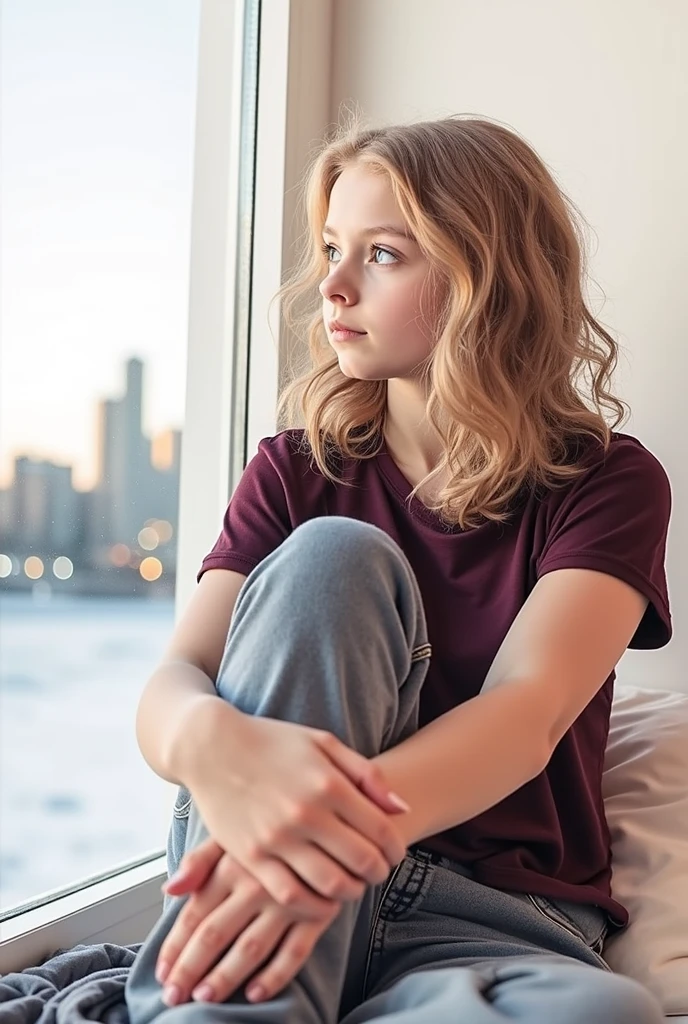 A blonde and blue-eyed girl is sitting on the bed,The city lights shimmered outside the window。Second Dimension