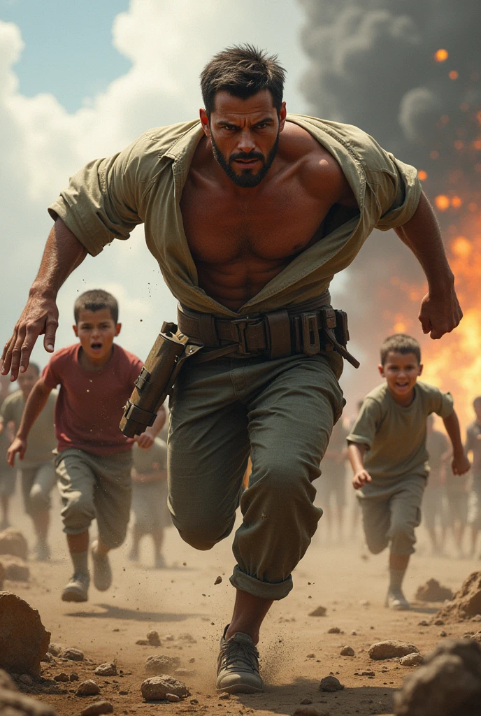 Soldier, war , violence savier runing towards , wounded back saving children no shirt