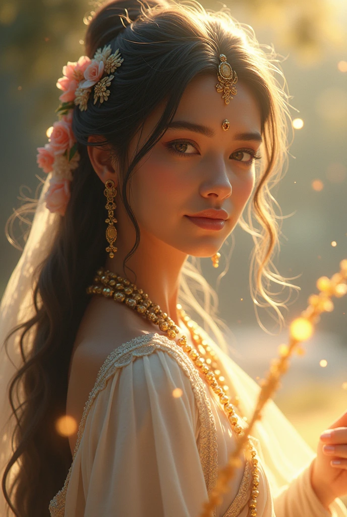 serene depiction of Sita embodying virtues like love, service, and compassion. Include subtle glowing effects around her to highlight her divine qualities."