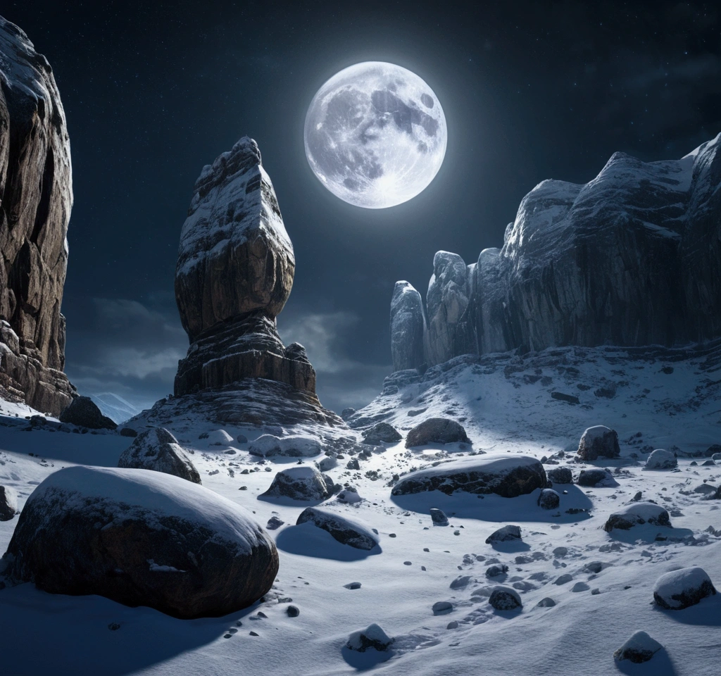 a large snowy rock formation at night, dramatic lighting, detailed snow texture, moody atmosphere, cinematic composition, dark sky with stars, glowing moon, snow-covered landscape, realistic 3d rendering, photorealistic, (best quality,4k,8k,highres,masterpiece:1.2),ultra-detailed,(realistic,photorealistic,photo-realistic:1.37),dramatic lighting,moody atmosphere,cinematic composition