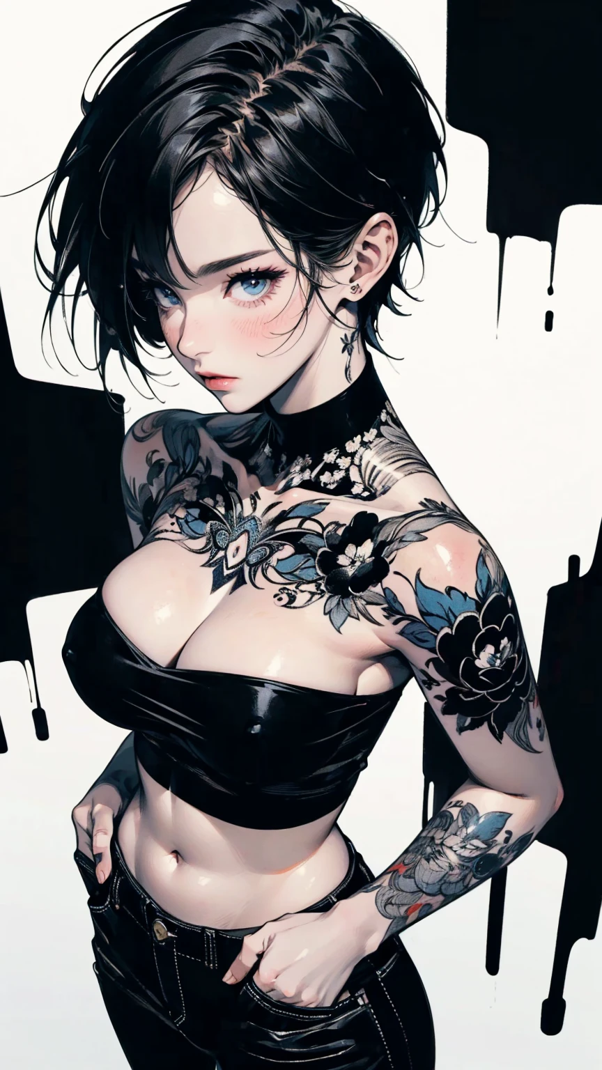 Top view, A woman with her hands in her pockets, Asymmetrical Short Hair, Perfect body, Big Breasts, Full body tattoos, Black tube top, abstract design, White background, Anime Style, Digital Painting, (masterpiece, High resolution, Highest quality)