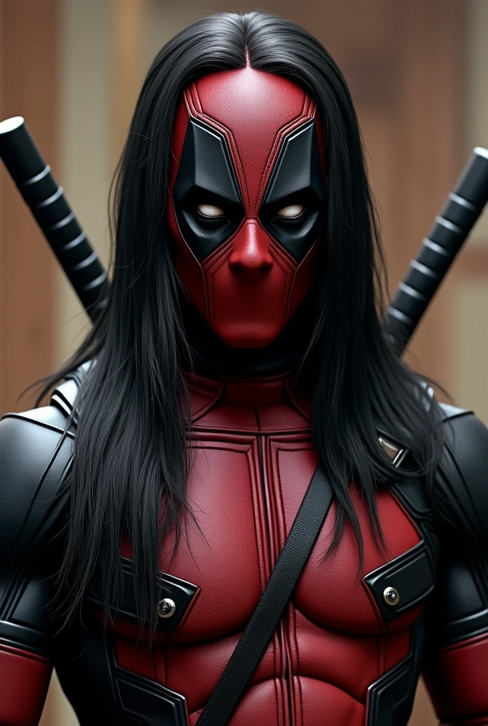 Deadpool with strong face and slanted eyes with long straight black hair wearing black silk kung fu clothes