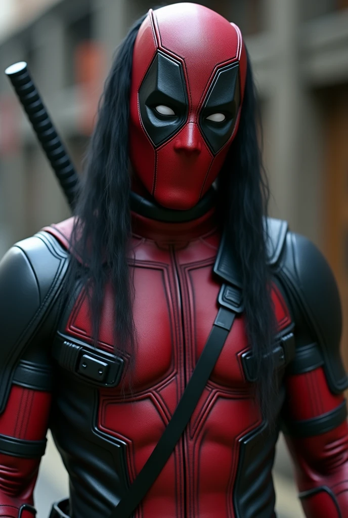 Deadpool with strong face and slanted eyes with long straight black hair wearing black silk kung fu clothes
