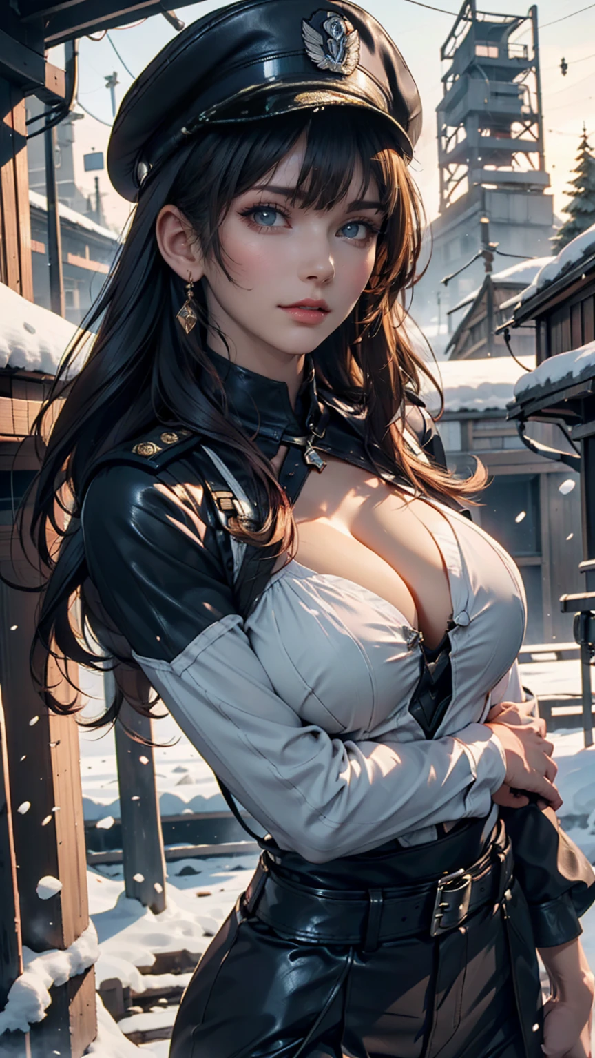beautiful ((similar)) Lilith Building posing in (Dynamic pose) Nazi Germany in World War II、As a dieselpunk SS officer, Wearing a black leather uniform that shows her cleavage、Wearing a leather military cap, Reference Photo, 最high quality, high quality, (Detailed face and eyes), dusk lighting,, Heavy makeup, industrial use, outdoor snow forest background ((close))