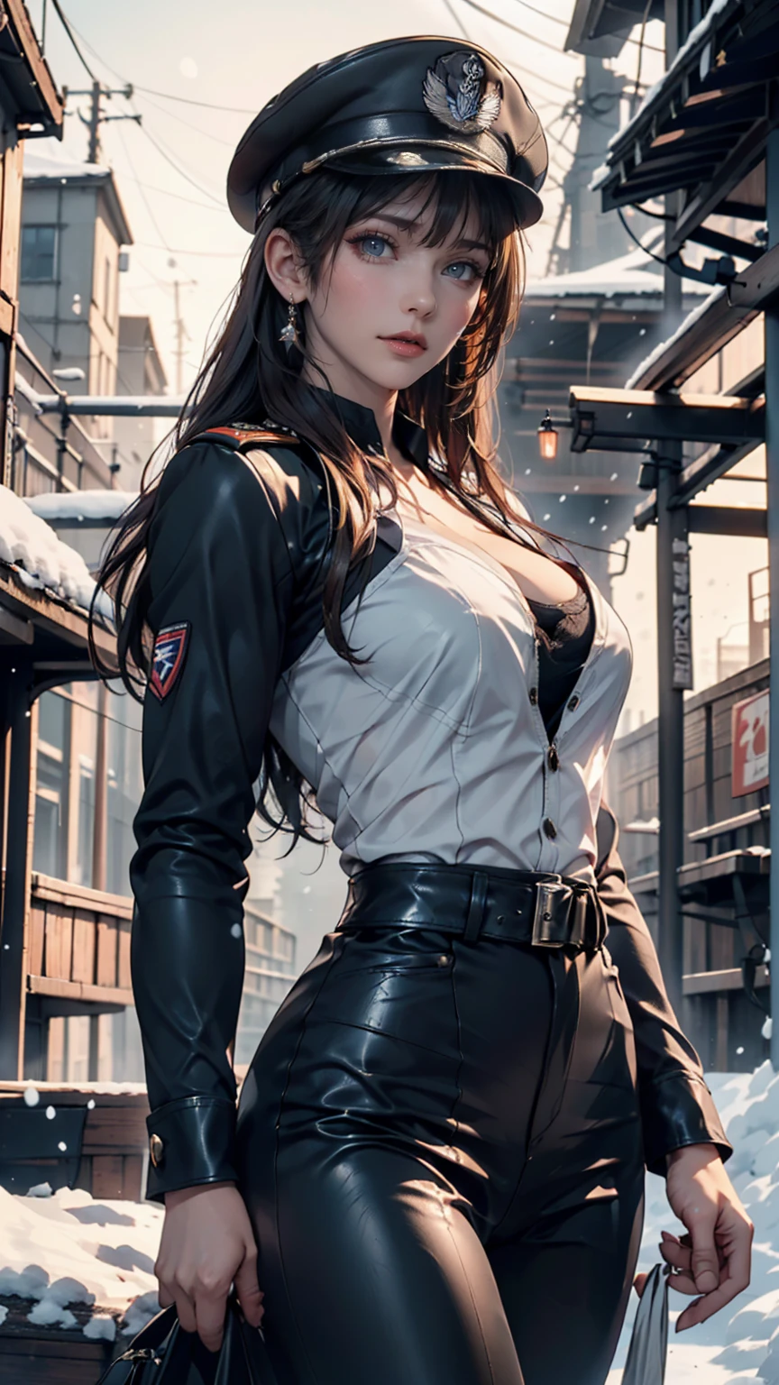 beautiful ((similar)) Lilith Building posing in (Dynamic pose) Nazi Germany in World War II、As a dieselpunk SS officer, Wearing a black leather uniform that shows her cleavage、Wearing a leather military cap, Reference Photo, 最high quality, high quality, (Detailed face and eyes), dusk lighting,, Heavy makeup, industrial use, outdoor snow forest background ((close))