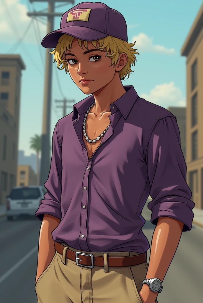 A slightly muscular teenager, but not too much, of a 1,77 tall, brown dark eyes, curly blonde hair with half-dead eyes and a little dark circles, cosplaying as an npc from the Ballas gang from GTA San Andreas in a purple blouse and beige pants with a flat-brimmed cap