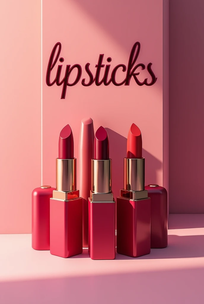 reate a stunning image featuring a collection of luxurious lipsticks arranged in the center. The lipsticks should showcase a variety of vibrant shades with sleek, modern packaging. Set them against a minimal background that allows the colors to pop. In the middle of the image, add the text 'Lipsticks' in a bold, elegant font that complements the design. Use soft lighting to emphasize the rich textures and shine of the lipsticks, creating a glamorous and eye-catching visual.