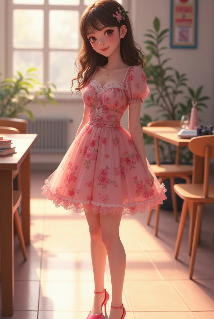 Lace,Pink floral dress,School Belle,Short skirt,whole body,High heel,Smile,student,Affectionate