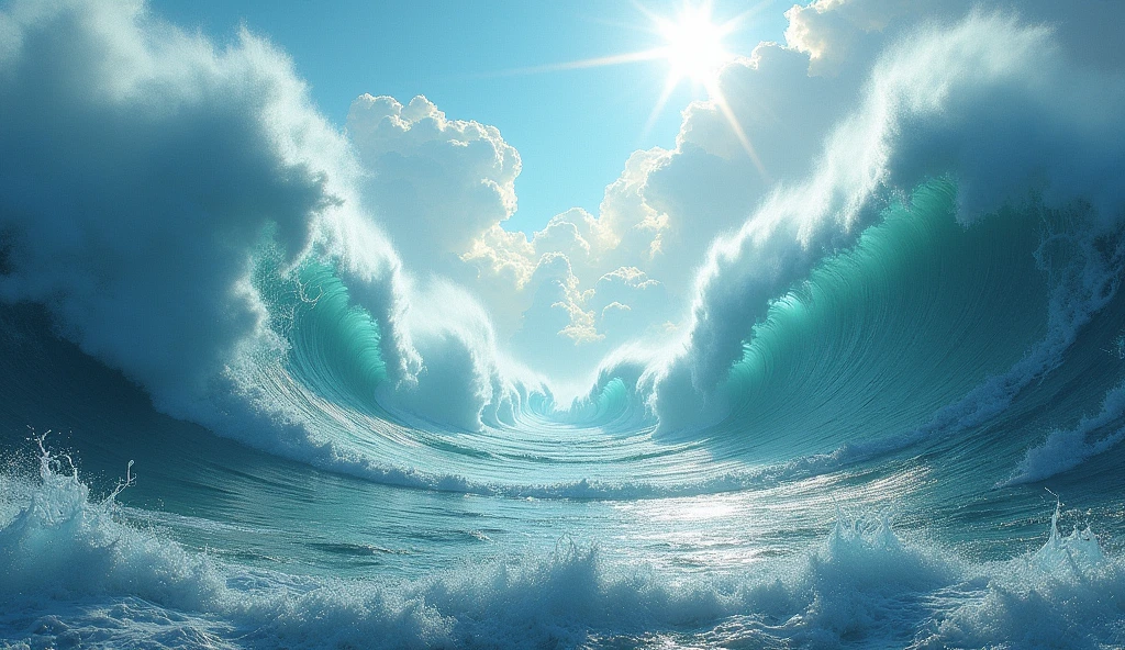 Very rough sea with very high waves. Bright sunlight