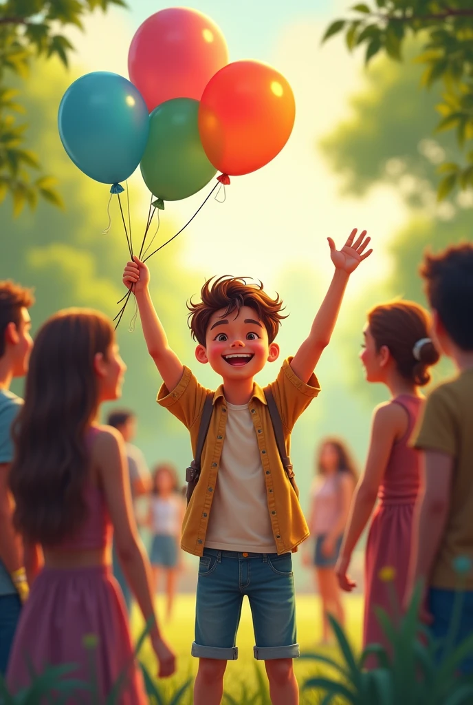 Max smiling and holding up a balloons smiled and said, “Flying is incredible, but nothing beats being with friends" to his friends in the park