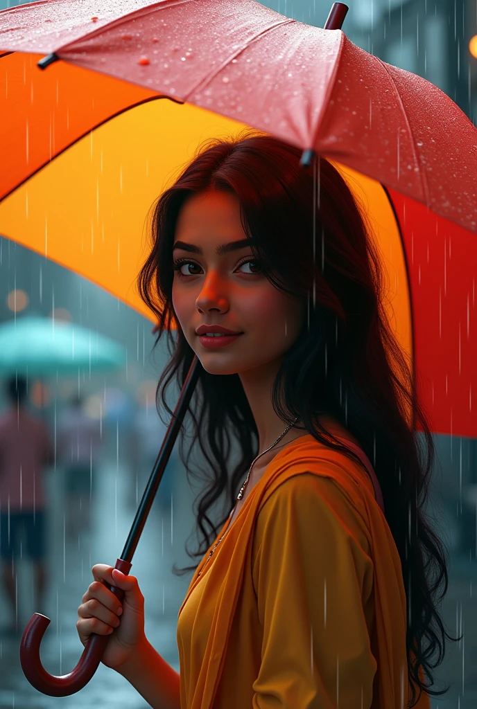 "Create an image of an Indian girl who is considered the most beautiful in the world. Her eyes should be similar to Shraddha Kapoor's—captivating and expressive. Her skin should be as radiant as Mahendra Singh Dhoni's—clear and glowing. She should be wearing a light-colored t-shirt with 'Das AAD' written on it, and a stylish red coat that hangs and adds a slightly attractive effect. Her odhni should be beautiful and complement her outfit. She is standing in the rain, holding an umbrella to protect herself. The image should capture her from head to toe, showcasing her full beauty and style. Her bosom should appear slightly attractive and eye-catching, with the coat enhancing this effect. She should be depicted as a devoted disciple of Sant Rampal Ji Maharaj, embodying honesty and Indian grace."