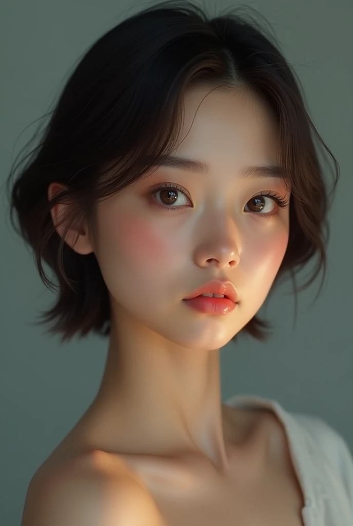 cinematic lighting、perfect、soft light、High resolution skin:1.2、realistic skin texture、3 year 18mature woman、small face、no makeup、Bust B Cup、、Detailed beautiful brown eyes、short hair、dark brown hair、cool beauty、gray background