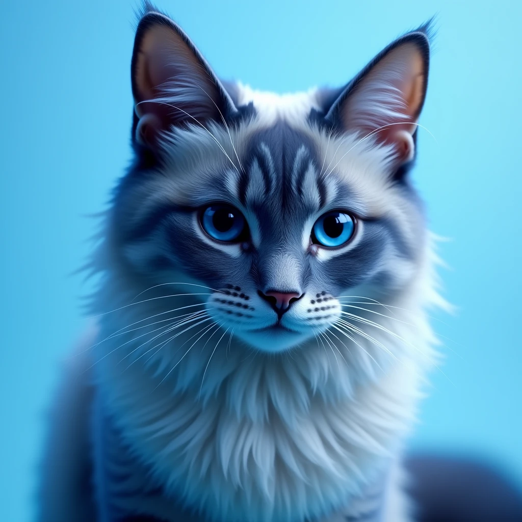 blue cat , cat inu , light blue background , head only , noble , bright blue eye , logo ,