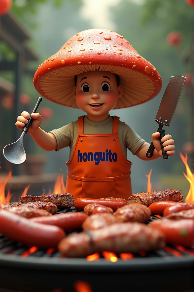 Realistic animated grill chef mushroom with grilling tools in orange with dark blue containing the word "honguito" roasting on a barbecue grill with chorizos, ribs and roast beef