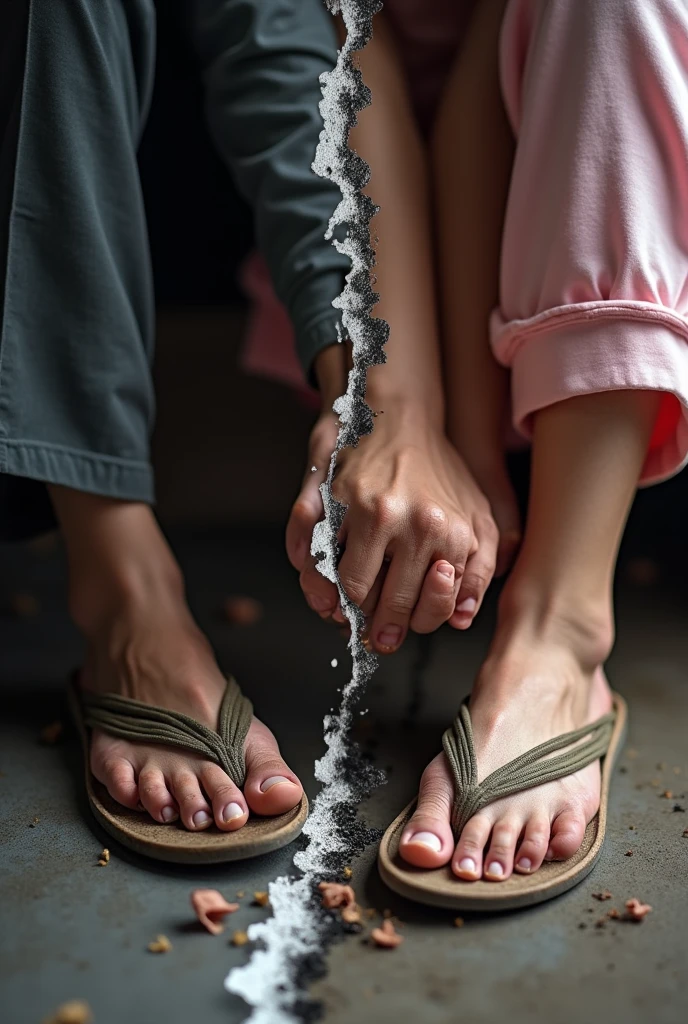 A split-image photograph in 8K resolution, created with a 100mm lens. The right side features a 1 Asian son massaging his beautiful mother's foot. The mother's face is not visible. On the left side, a man’s worn and sweaty feet, with unhealed cuts, cracks, and poorly broken old slippers, are captured in motion as he walks. Sweat drops fall to the ground from his feet, illustrating his hard work. Between the two images is a black-and-white paper fire transition, blending the scenes. The right side should evoke a soft, nurturing emotion with a rose-like theme, while the left side conveys hard, raw emotion."