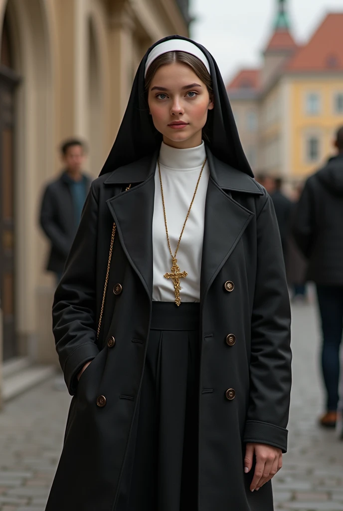 A Polish female university student. She's wearing modest apparel because she's Catholic. She has ample chest and feminine feature. She's 20 years old.