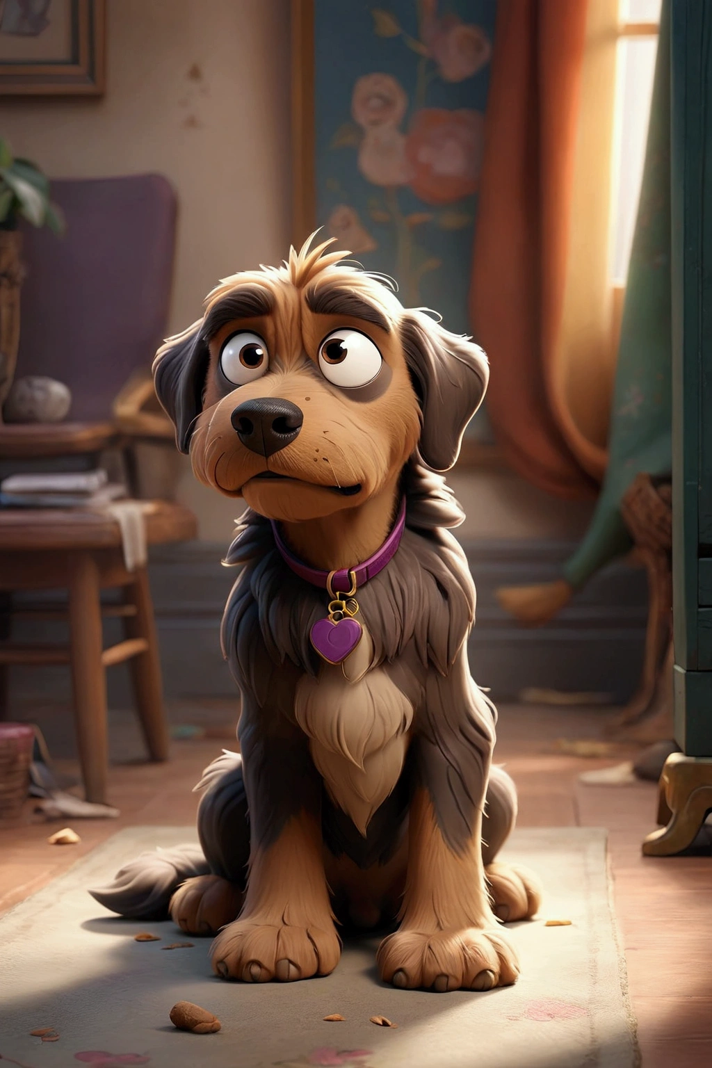 there is a dog cartoon charater in disney style that is sitting on the floor in the room, scruffy looking, looking straight to camera, by Romain brook, by Emma Andijewska, looking straight to the camera, selfie of a dog, his hair is messy and unkempt, retired barney, cute furry needs your help, portrait zeus, by Petr Brandl, looking smug