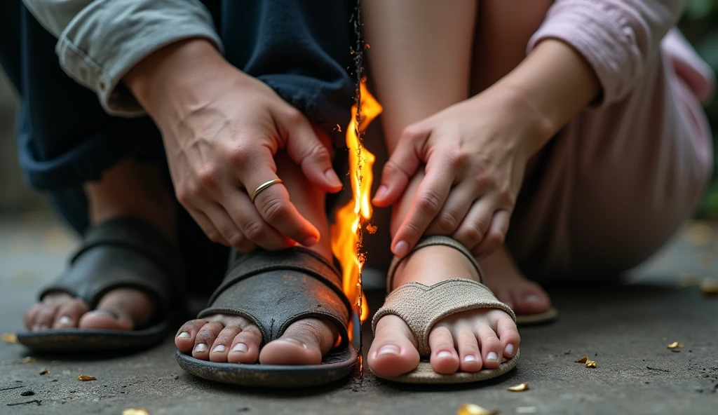 A split-image photograph in 8K resolution, created with a 100mm lens. The right side features a 1 Asian son massaging his beautiful mother's foot. The mother's face is not visible. On the left side, a man’s worn and sweaty feet, with unhealed cuts, cracks, and poorly broken old slippers, are captured in motion as he walks. Sweat drops fall to the ground from his feet, illustrating his hard work. Between the two images is a black-and-white paper fire transition, blending the scenes. The right side should evoke a soft, nurturing emotion with a rose-like theme, while the left side conveys hard, raw emotion."