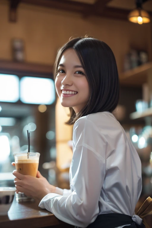(8k, RAW photo, best quality, masterpiece), (photorealistic), outstanding details, ultra-high resolution, anatomically correct, textured skin, (Extremely precise and accurate anatomy),
Ultra Detailed Face, Detailed Eyes,
1 Girl, barista uniform, forehead, pulled back hair,
(Cute Japanese girl , 20-year-old), light smile,
cinematic lighting in the hair, hair light, wind in the hair,
(open cafe),
(backlighting),
(reflection light from below:1.4),
atmospheric perspective, depth of field,
(dramatic lighting), cinematic lighting,