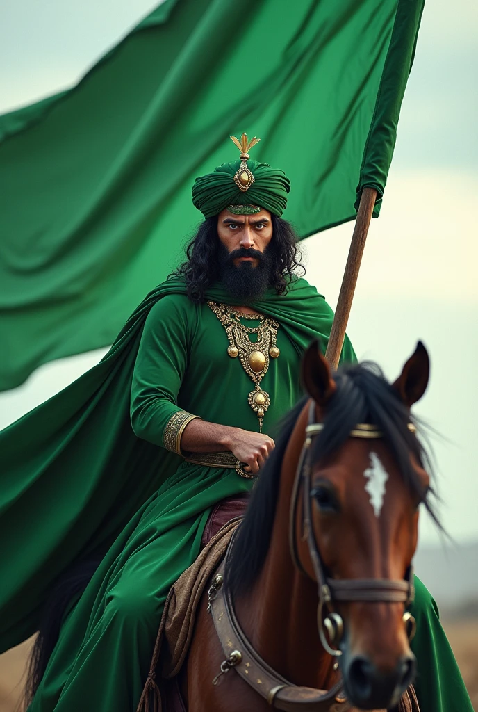 An beautiful gentle man raiding horse and raised hand green flag , a green gown is worn ,There is a big cloak on the head,And green colored turban is tied on head ,big eyes , blue eyes , black long hair , black beard , healthy face , healthy body 