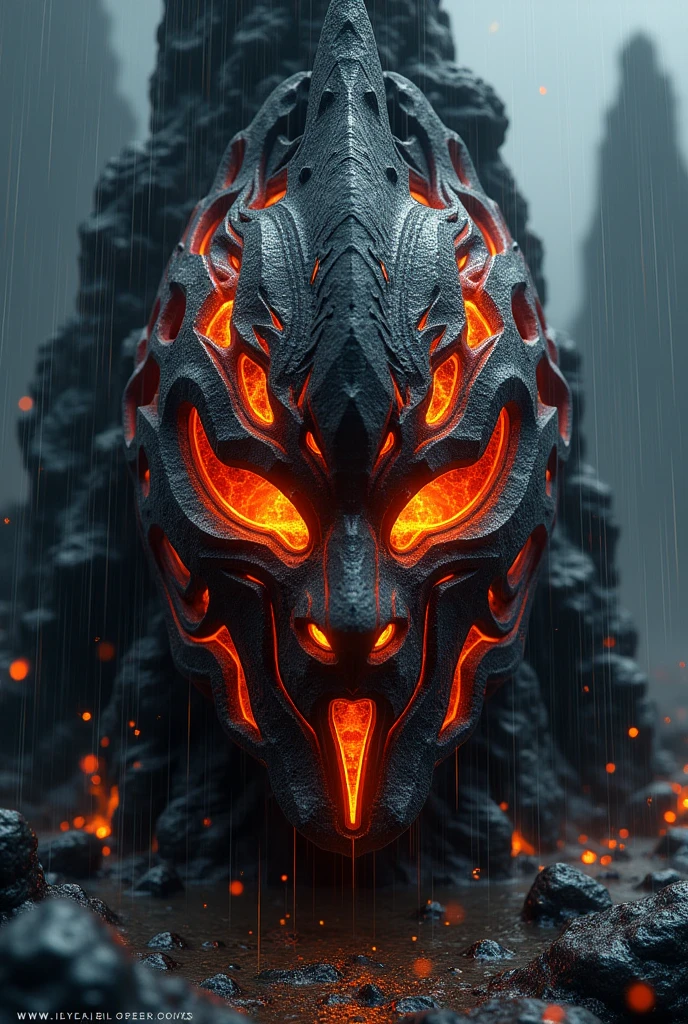 Fire power symbolic face mask on black rock with heavy rain and thunder weather condition 