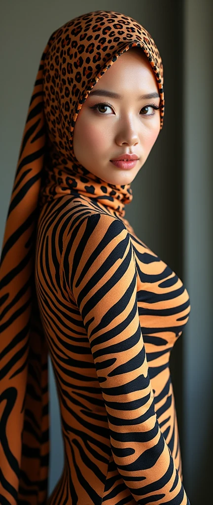 a most beautiful Asian muslimah woman named Cikgu Norzamani with zebra leopard print hijab wears zebra leopard print unitard catsuit.She always wear zebra leopard print hijab.