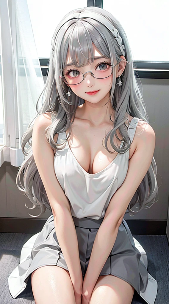 1Girl, Solo, Anime, Ideal body, down blouse, (Small breast:1.1), (Hard nipples:1.1). Beautiful, Gorgeous, Fresh, Blunt Bangs, (White Grey Hair:1.5),(Straight and Wavy Long Hair:1.3), casual, eyeglasses, skirt, Comfort, cotton Texture. (Sit on bed:1.3). Earrings, Thin Black Headband, Green Accessories, Environmental Details, Bed Room, Natural Light, Modern Bed, Chair, Window, White Curtain, City View. pov, anime style, UHD, retina, masterpiece, accurate, anatomically correct, textured skin. High Resolution, Looking at the viewer, Blush, Best Quality, Award Winning, Accurate, Embarrassed, seductive smile, sweating, Naughty Face, Naughty, Gradient Eye Color, Sexy Pose. Cowboy Shot, licking lips, high class. 