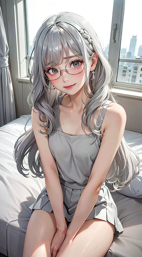 1Girl, Solo, Anime, Ideal body, (Small breast:1.1), (Hard nipples:1.1). Beautiful, Gorgeous, Fresh, Blunt Bangs, (White Grey Hair:1.5),(Straight and Wavy Long Hair:1.3), casual, eyeglasses, skirt, Comfort, cotton Texture. (Sit on bed:1.3). Earrings, Thin Black Headband, Green Accessories, Environmental Details, Bed Room, Natural Light, Modern Bed, Chair, Window, White Curtain, City View. pov, anime style, UHD, retina, masterpiece, accurate, anatomically correct, textured skin. High Resolution, Looking at the viewer, Blush, Best Quality, Award Winning, Accurate, Embarrassed, seductive smile, sweating, Naughty Face, Naughty, Gradient Eye Color, Sexy Pose. Cowboy Shot, licking lips, high class.