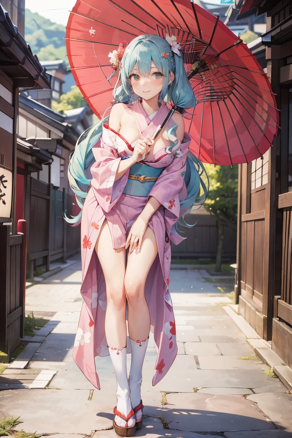 1girl,stand, leaning forward, hand holding umbrella, Place one hand on cheek, Inner thighs, large breasts, sagging breasts, aqua color hair, long hair, low twintails, pink long yukata, bare shoulder, long pelvic curtain, undressing, Legs, White embroidered knee-high socks, smile, embarrassed, Red Gem, outdoor, kyoto,