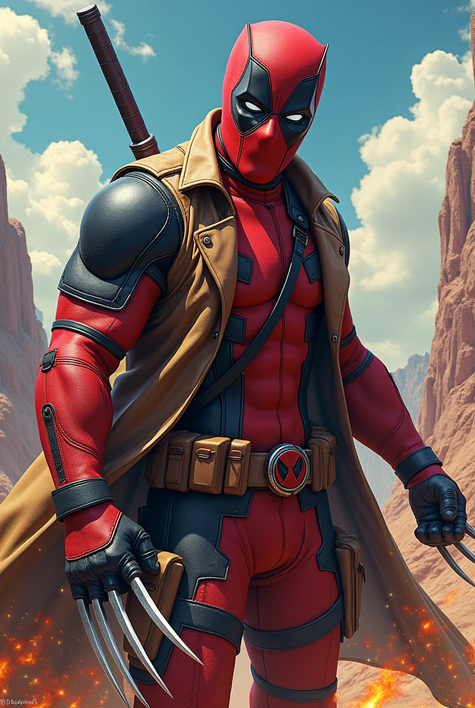 Creater Deadpool mix Wearing a Wolverine trench coat in style dragonball