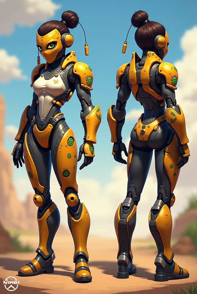stylized style, Overwatch style female character concept, full body back and front view, robot detailed face with round eyes, beer theme, body covered with armor